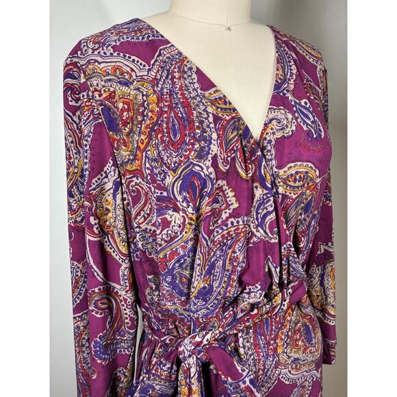 Lauren Ralph Lauren Paisley Surplice Jersey Dress XL Stretchy Faux Wrap Tie Belt - Picture 3 of 12